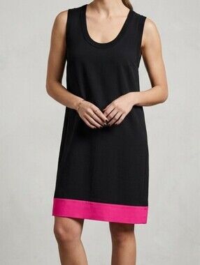 Denis Gagnon Black Tank Dress Pink Hem Ribbed Pockets Linen Viscose S